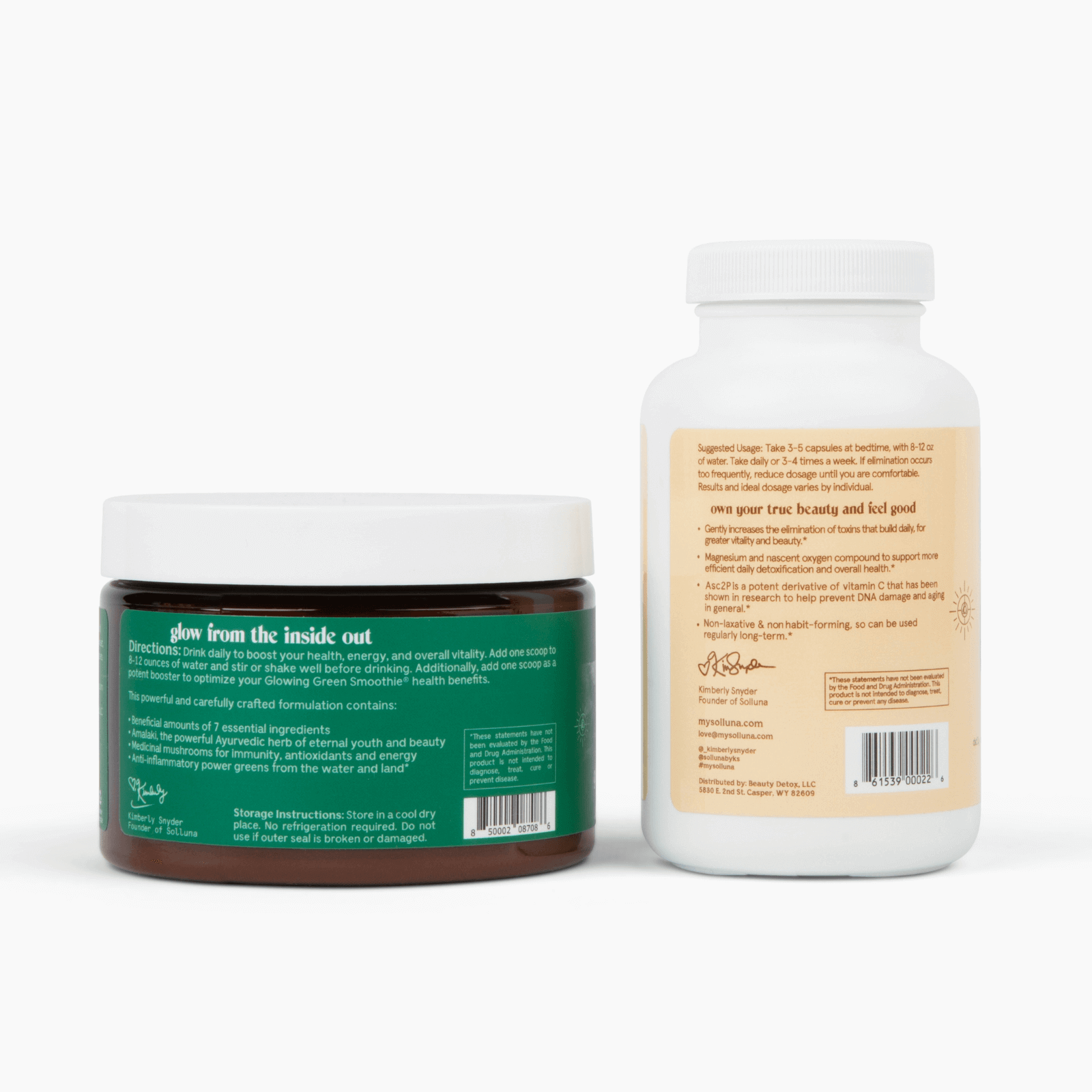 Solluna's Glowing Greens Powder and Detoxy bottle labels.