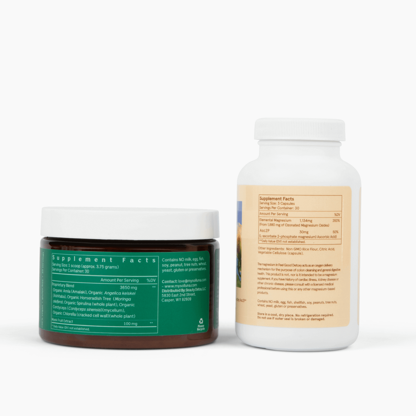 Solluna Detoxy supplement facts and Glowing Greens Powder supplement facts