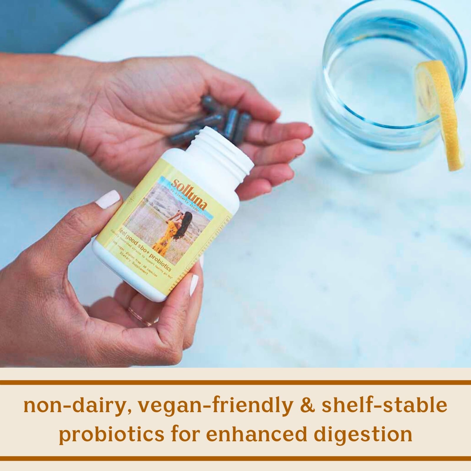 Solluna's Feel Good SBO Probiotics key ingredient benefit description. Non-dairy, vegan-friendly & shelf-stable probiotics for enhanced digestion
